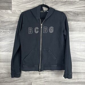 BCBGMaxazria Full Zip Jacket Womens L Black Long Sleeve Hooded Bling‎ Rhinestone